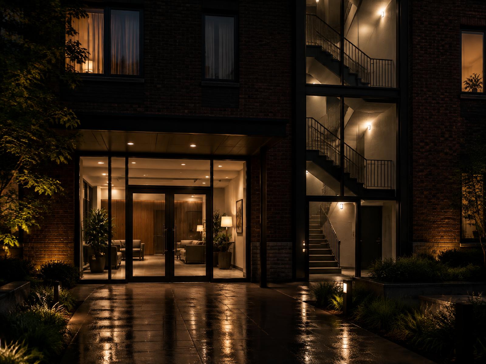 Residential building entrance at night with lit communal lobby and stairwell