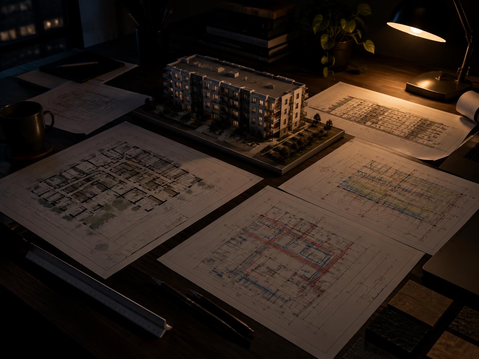 Housing block model surrounded by architectural, structural and services drawing sets on a dark desk