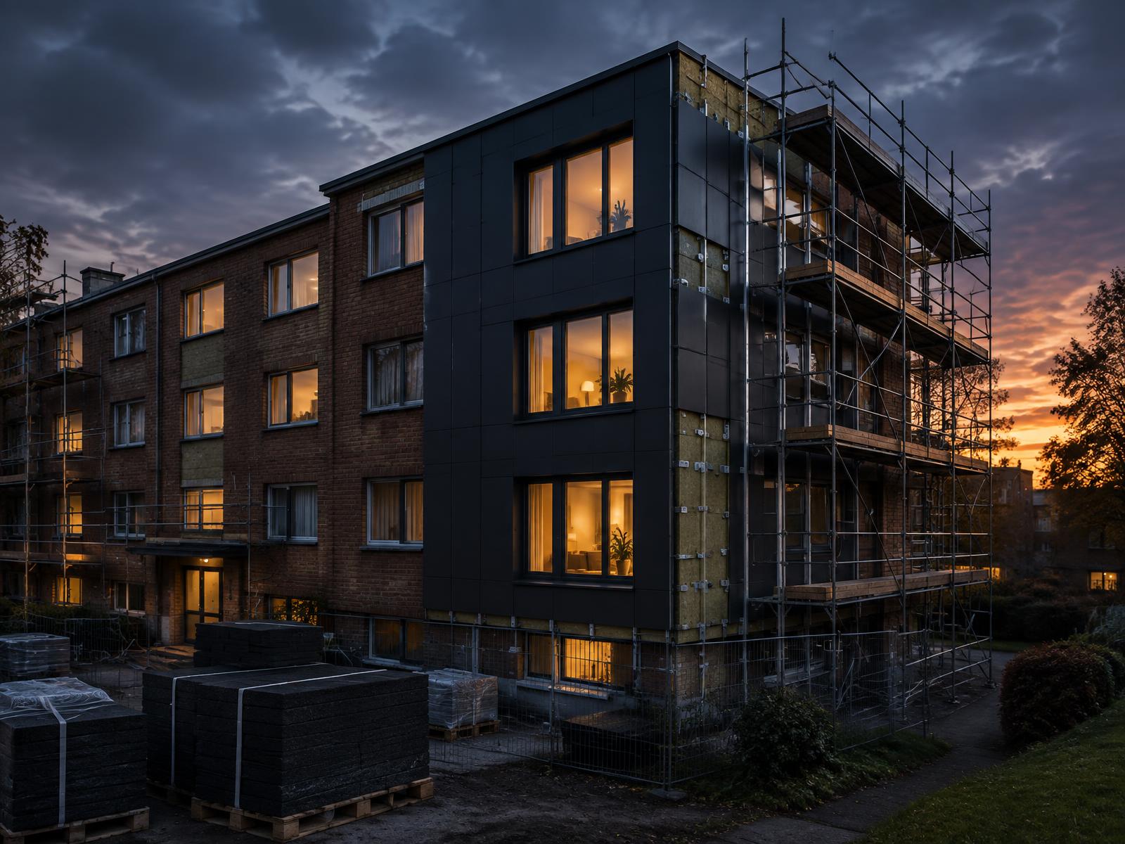 Generic apartment block with new dark facade panels being fitted over existing brickwork under scaffolding at dusk
