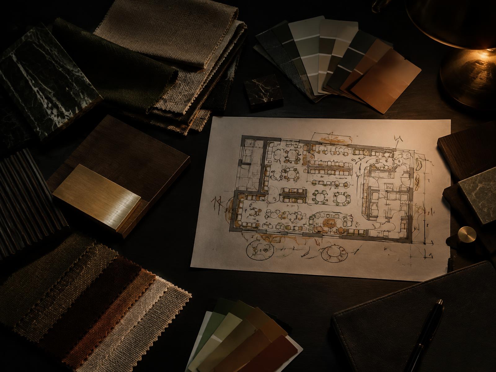 Fabric swatches, paint chips and a marked-up restaurant layout plan on a dark desk