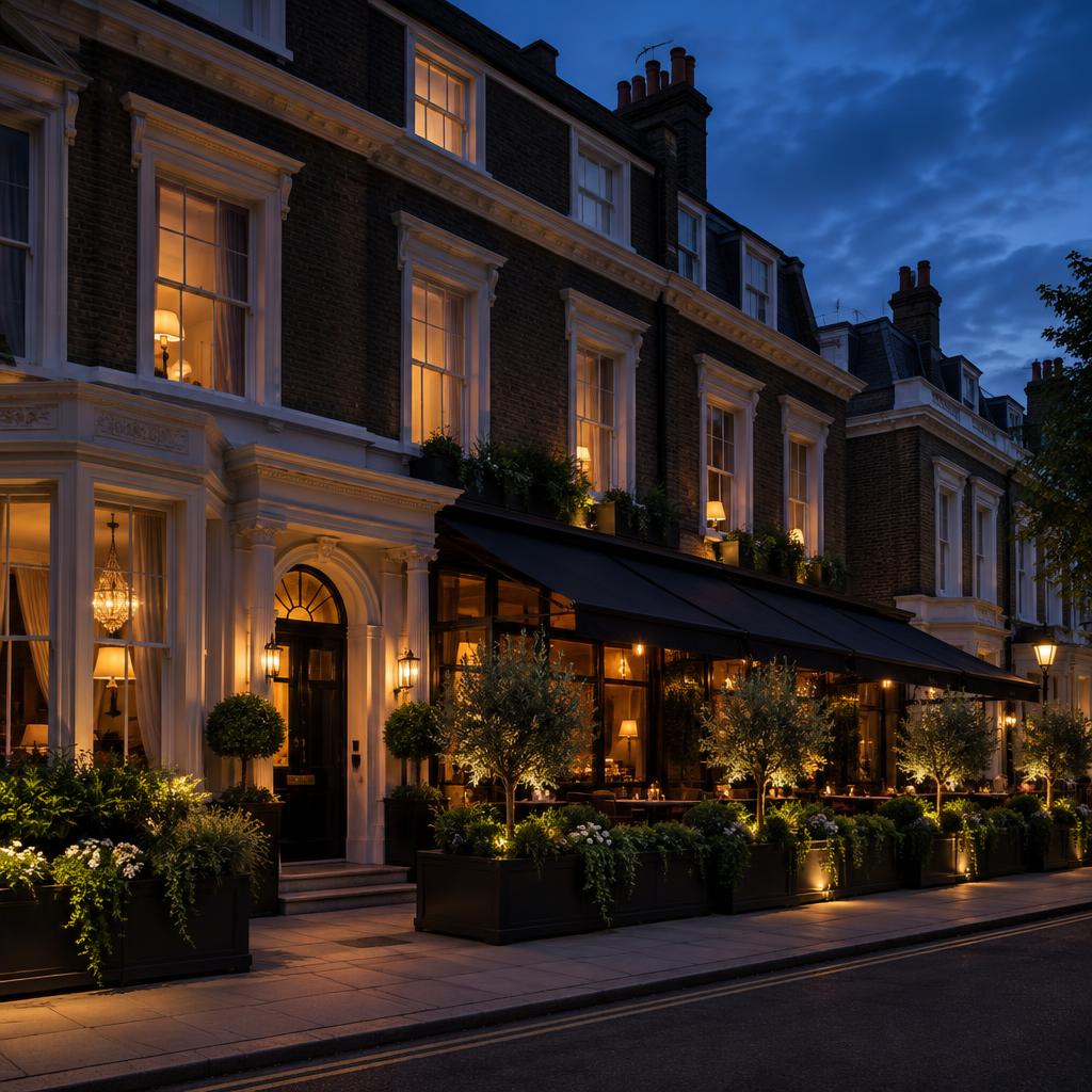 Boutique hotel and restaurant frontage with glowing sash windows and lit awning at dusk