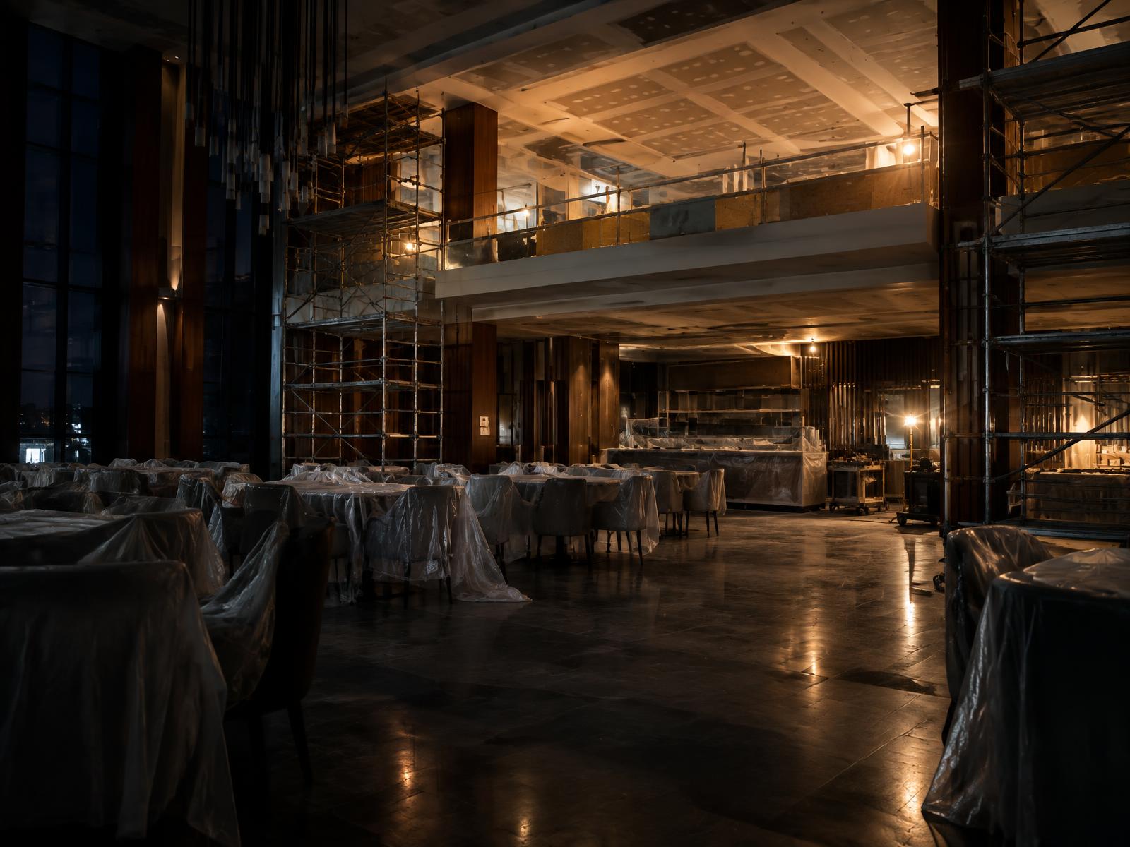 Scaffolded hotel restaurant under fit-out with dust-sheeted furniture under warm work lights at night