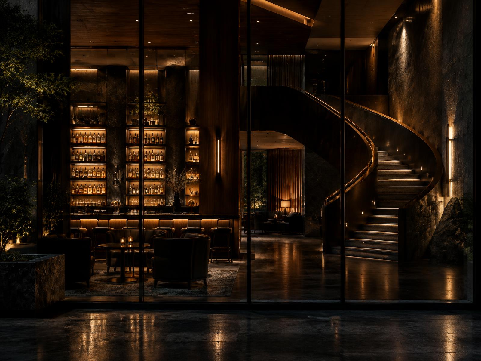 Hotel bar with backlit bottle shelving and a lit curved staircase seen through glazing at night