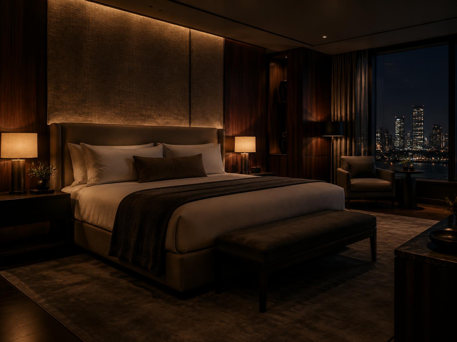 Generic boutique hotel suite with upholstered bed, warm bedside lamps and city views at night