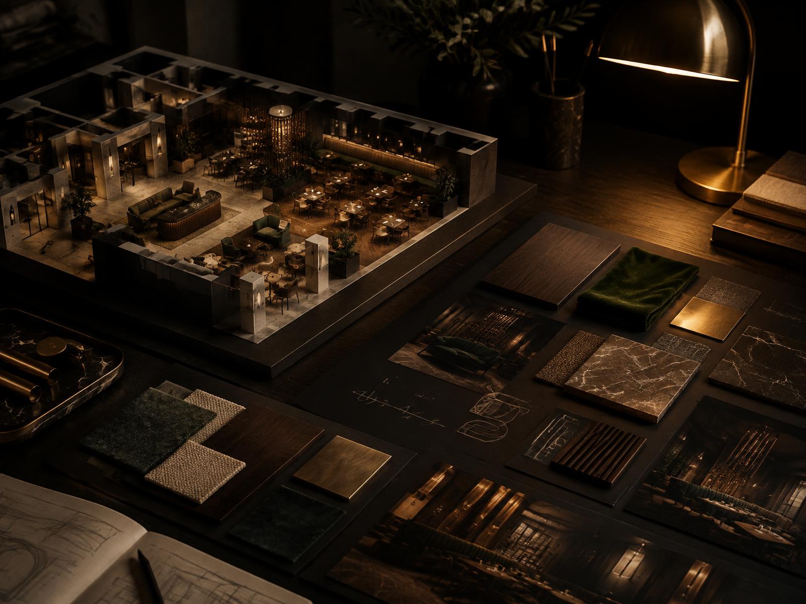 Scale model of a hotel lobby and restaurant floor beside interior material mood boards under a warm lamp