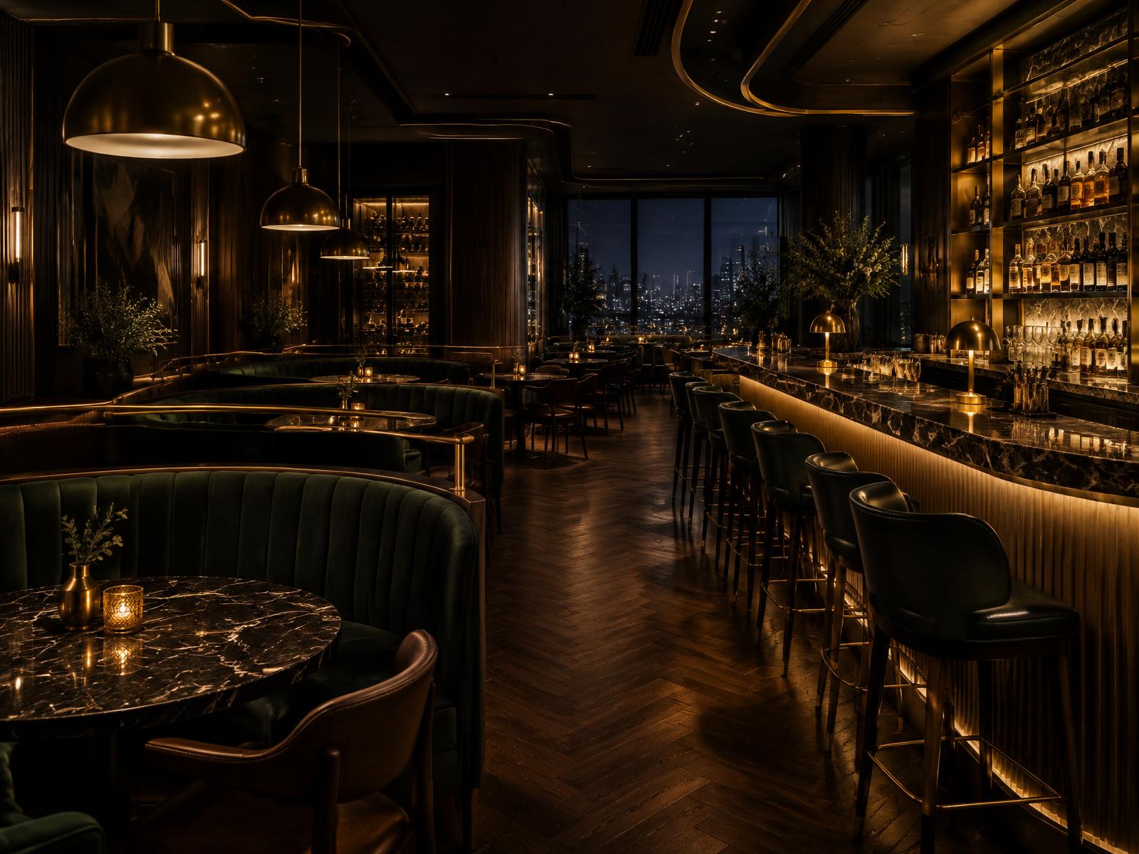 Generic upscale restaurant and bar interior with curved banquettes and a backlit marble bar at night