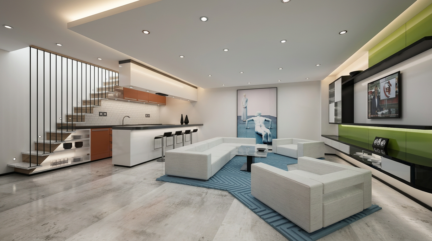 Basement living space with kitchen