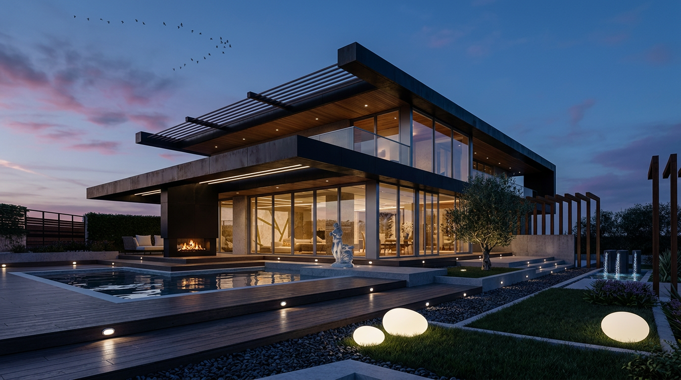 Contemporary villa at dusk with pool and pergola