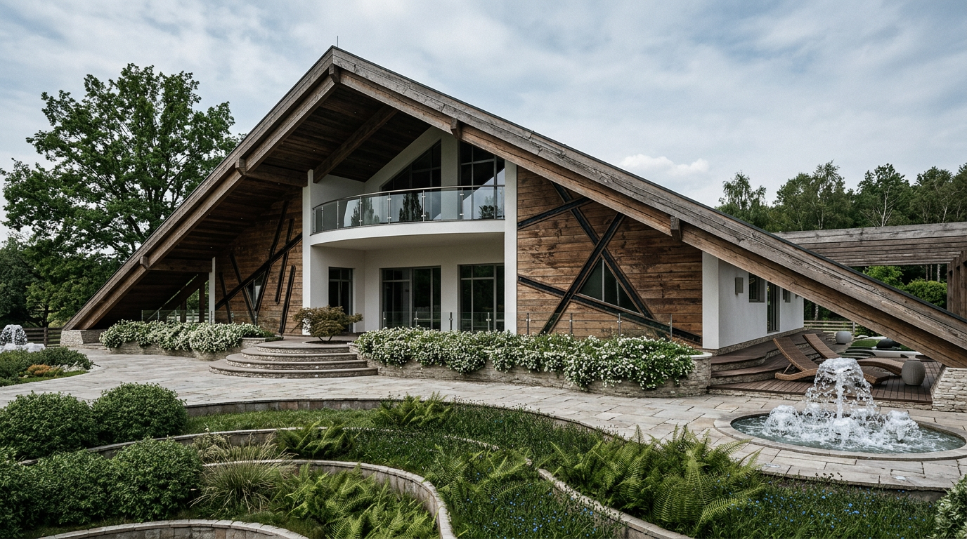 Triangular roof contemporary villa in woodland