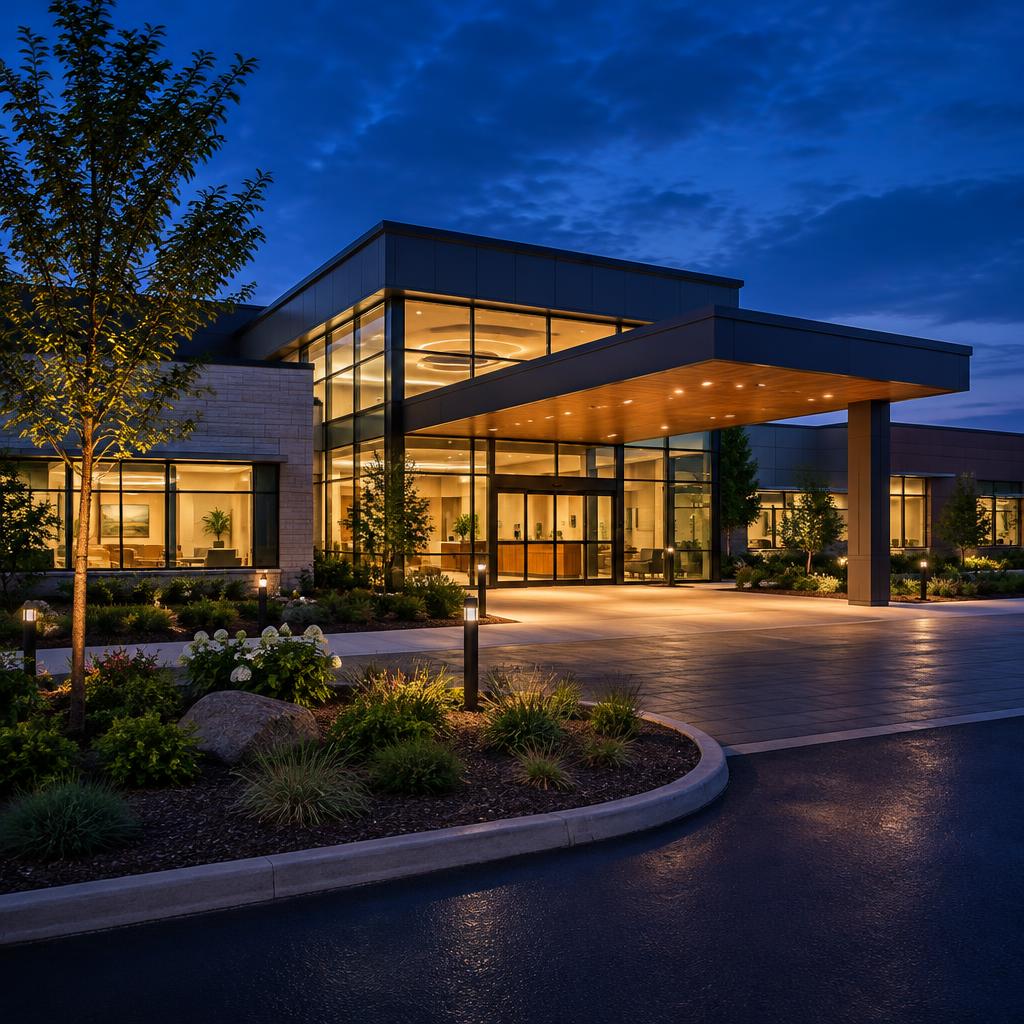 Modern healthcare clinic with glowing glazed reception and landscaped forecourt at dusk
