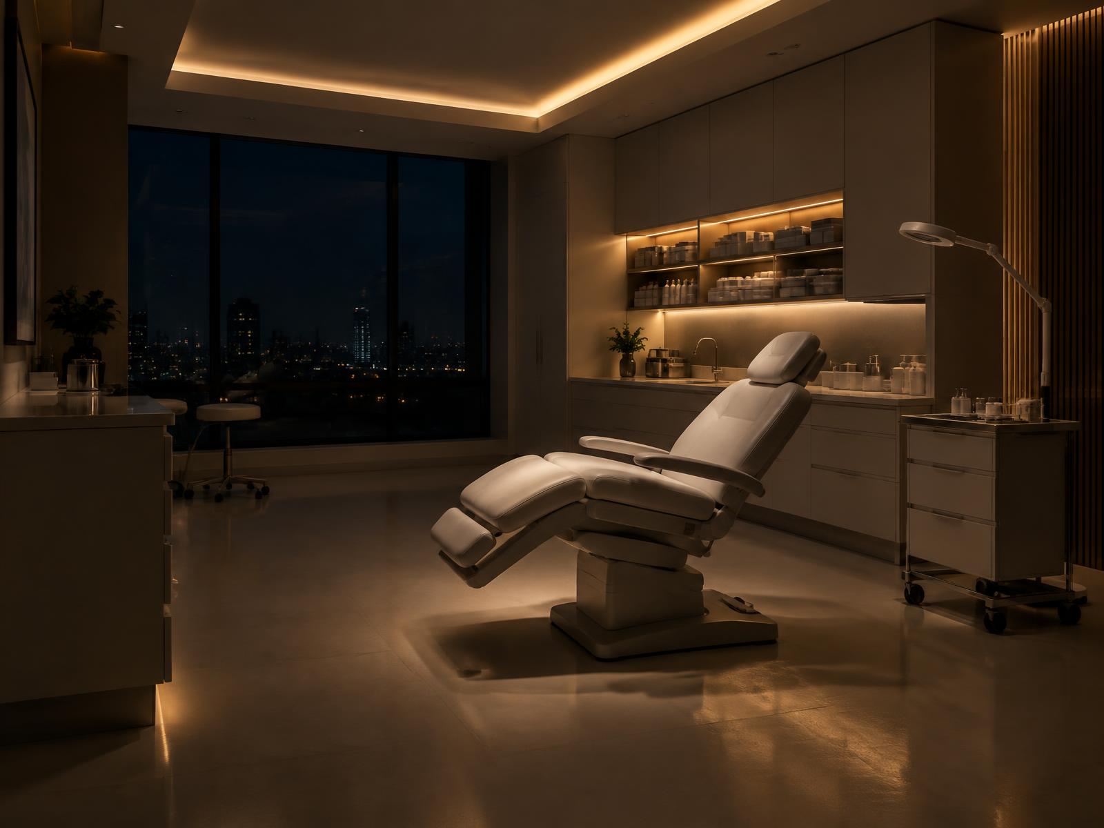 Generic modern clinical treatment room with warm cove lighting, cabinetry and a patient chair at night