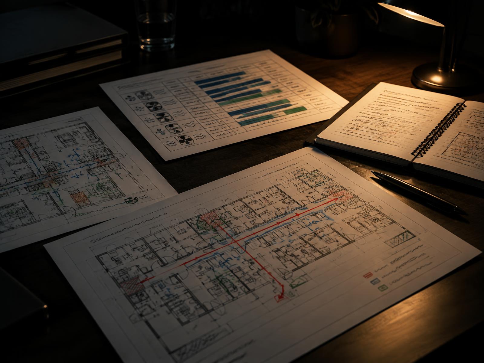 Annotated clinical corridor plan with ventilation schedules and marked-up room layouts on a dark desk