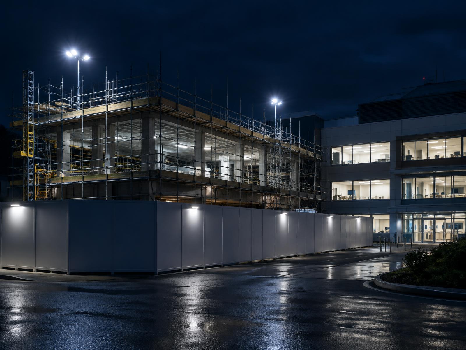 Floodlit clinic extension under scaffolding behind clean hoarding beside a still-lit hospital wing at night