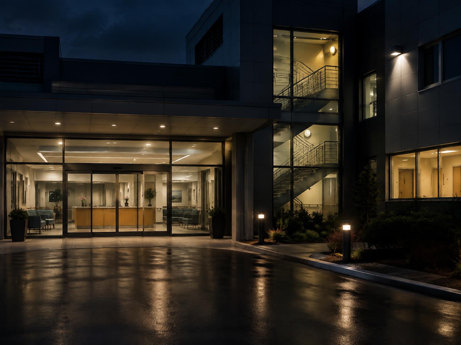 Clinic reception lobby glowing behind full-height glazing with a lit stairwell at night