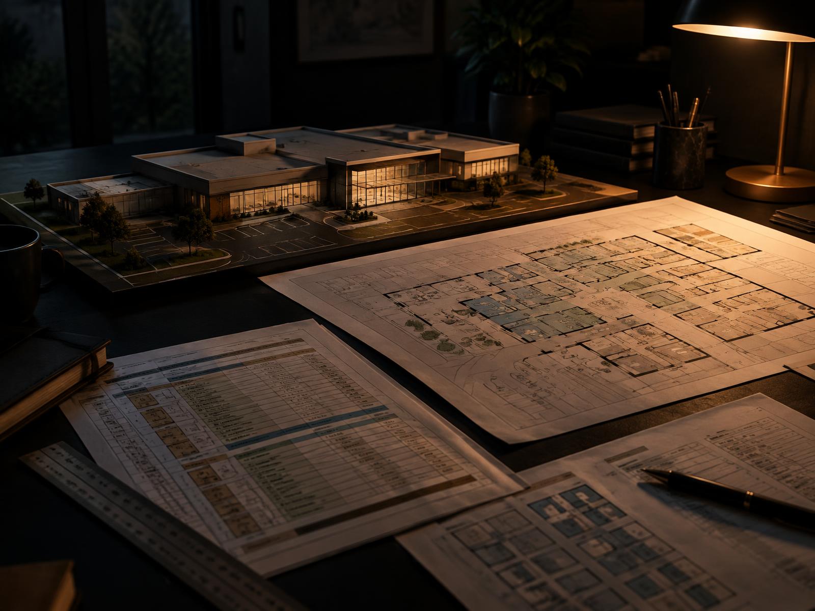 Scale model of a medical centre extension beside clinical layout plans and room data sheets under a warm lamp
