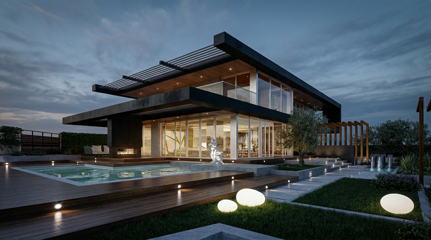 Timber and glass villa at dusk with reflecting pool and lit garden