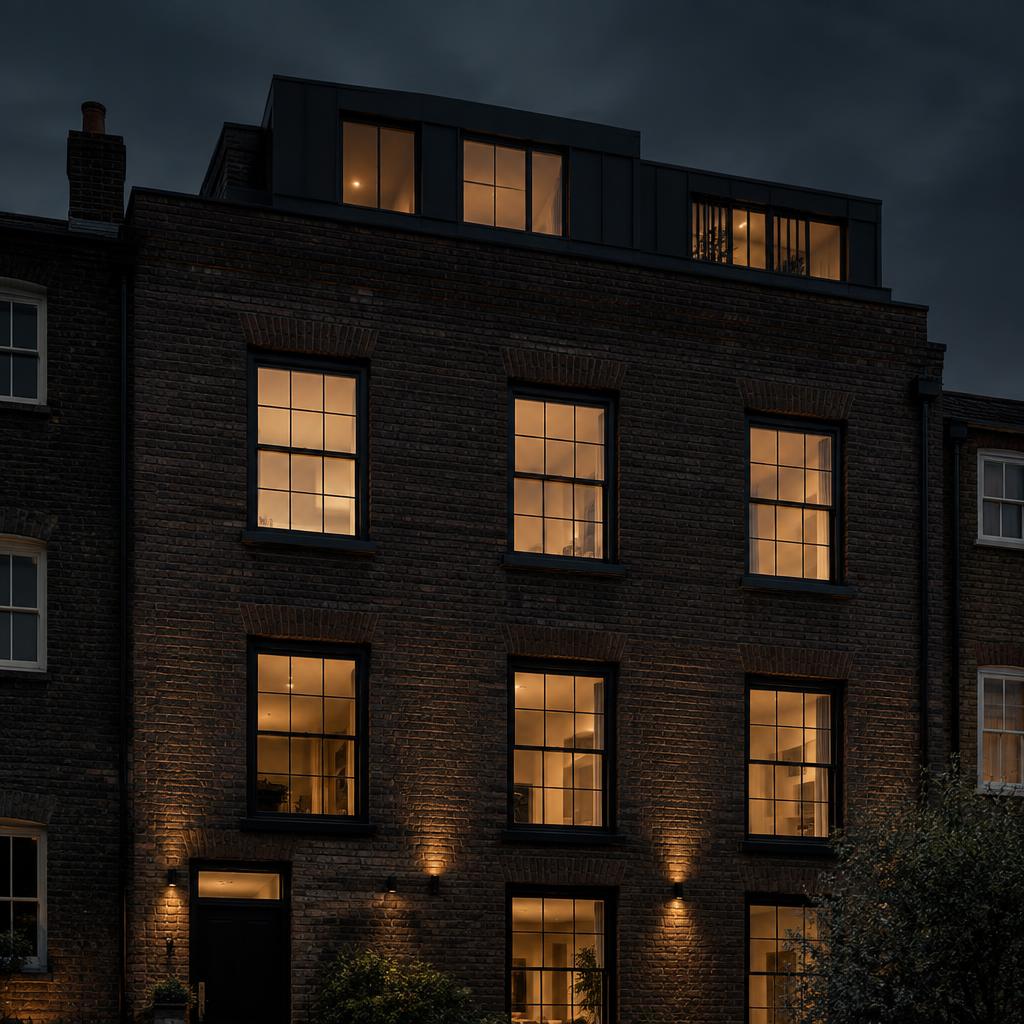 Refurbished London residential building with glowing sash windows at dusk