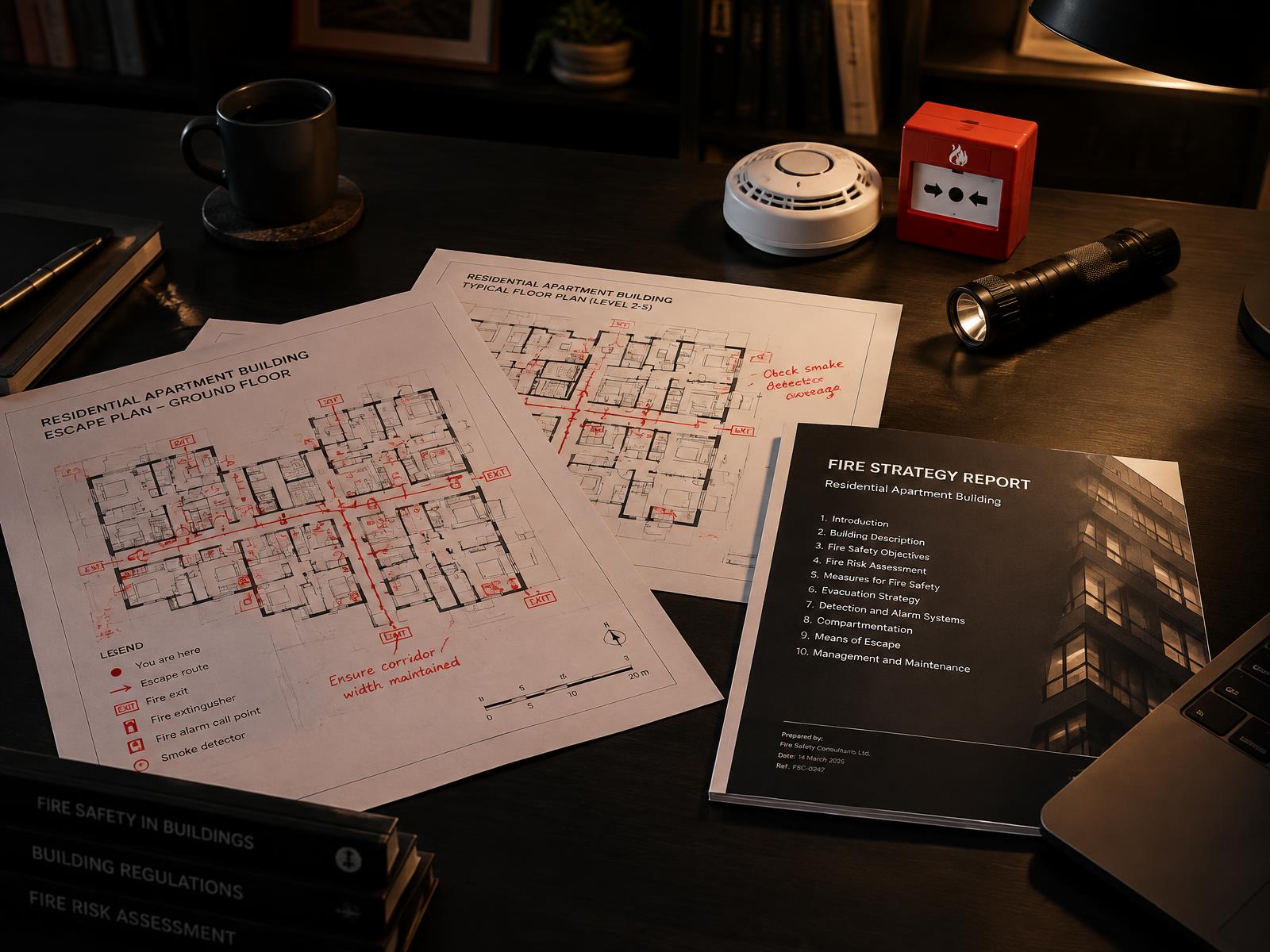 Fire strategy report and marked residential escape plan drawings