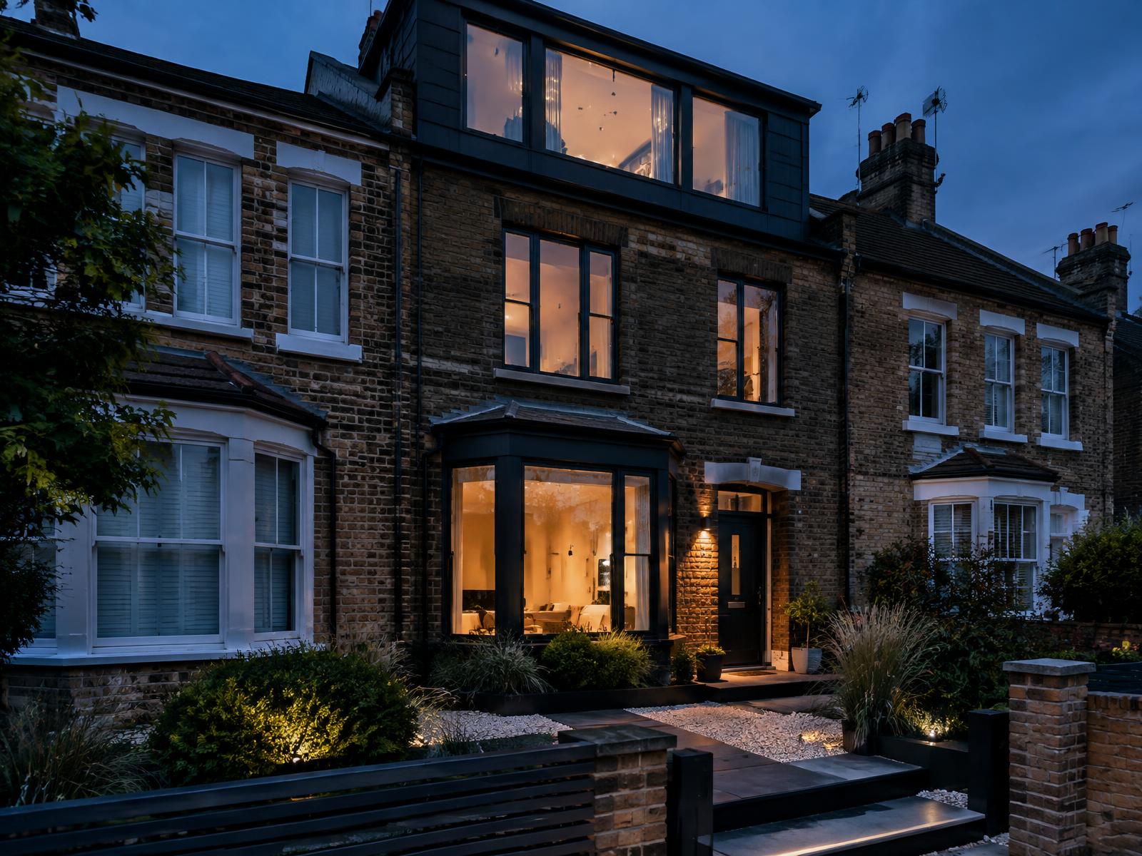 Generic London terraced house with a contemporary dormer extension at blue hour