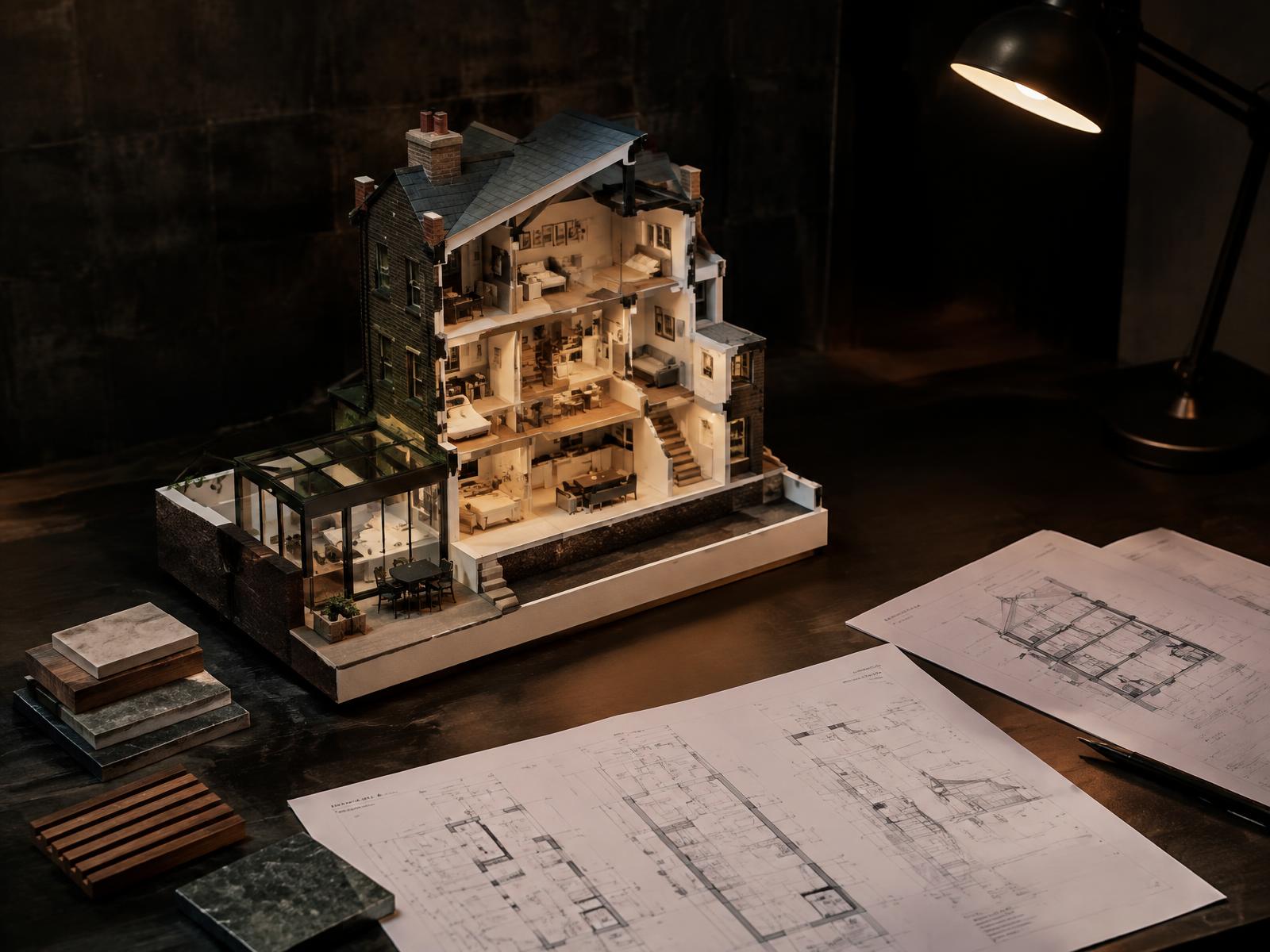 Cutaway model and floor plans of a London terraced house conversion