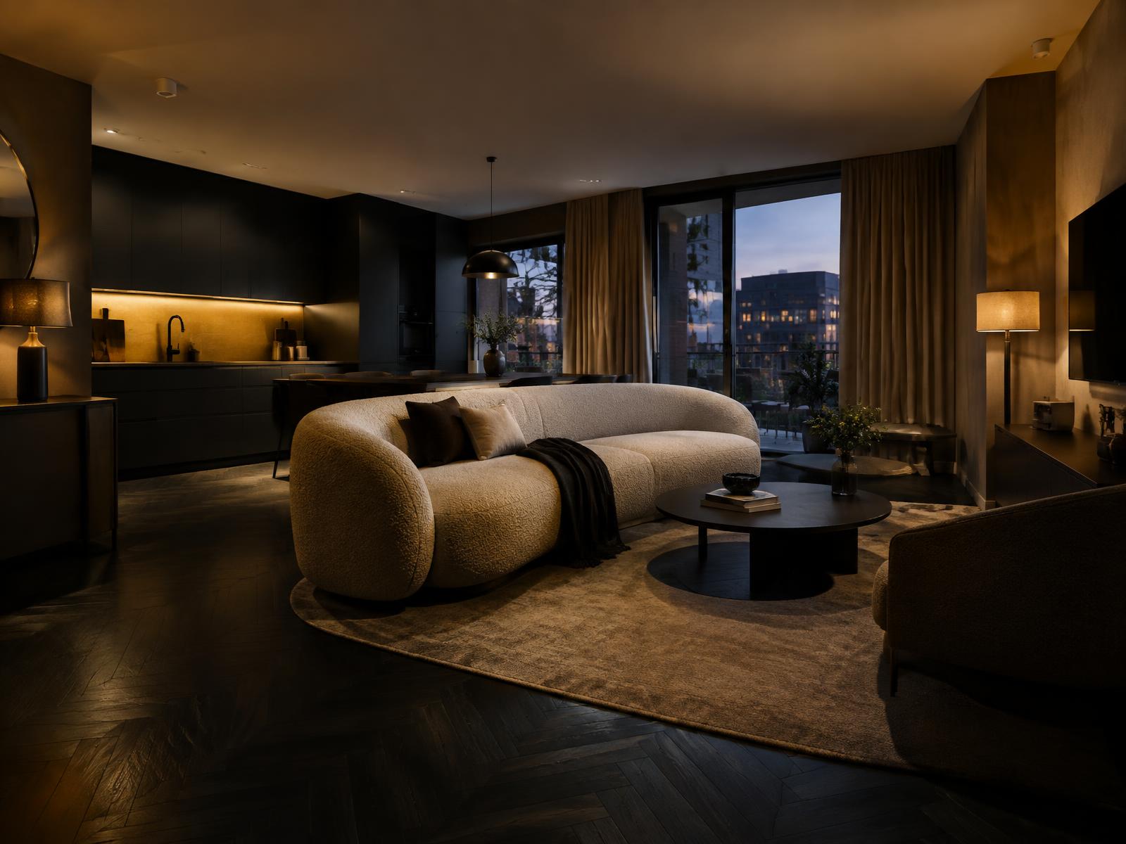 Generic refurbished open-plan rental living space with dark herringbone floor