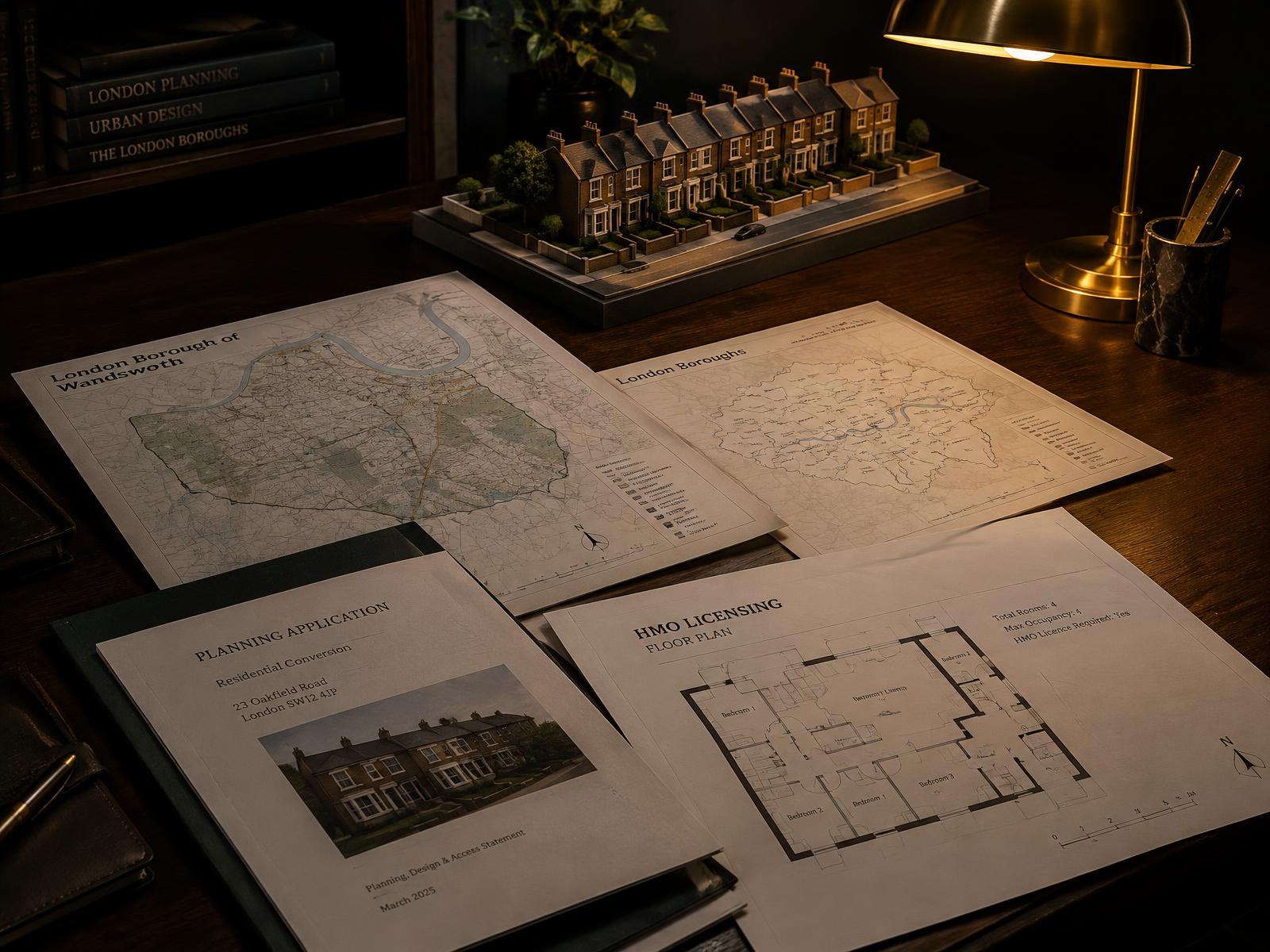 Planning application documents, borough maps and an HMO licensing floor plan on a desk
