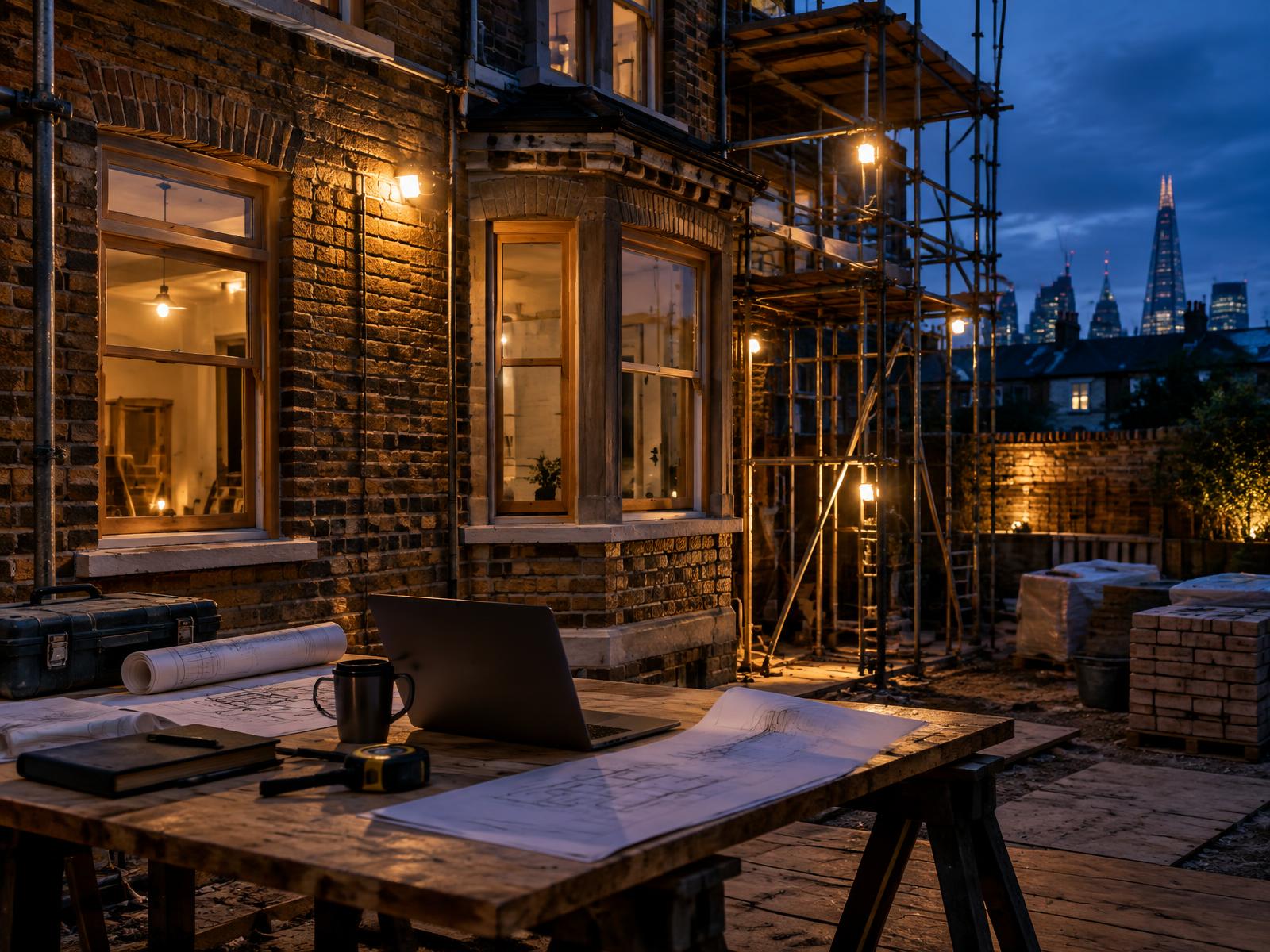 Site desk with drawings beside a London residential refurbishment under evening lights