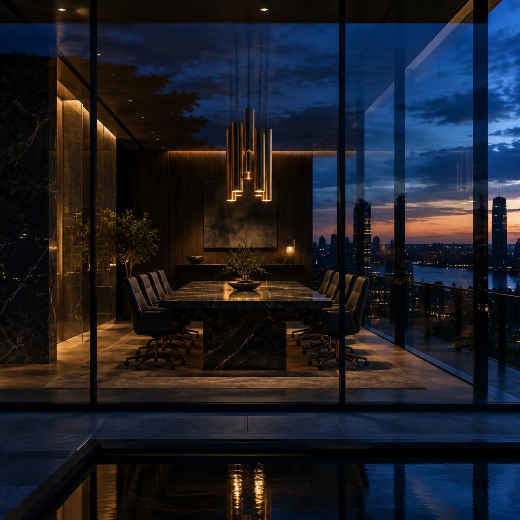 Glowing prestigious office meeting room behind full-height glazing at dusk
