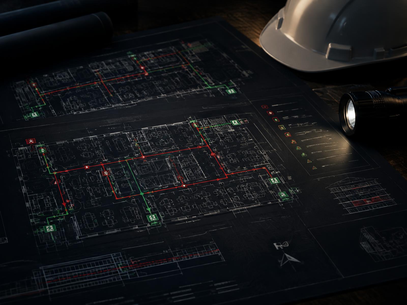 Office floor plan with fire escape routes marked in red and green fine lines