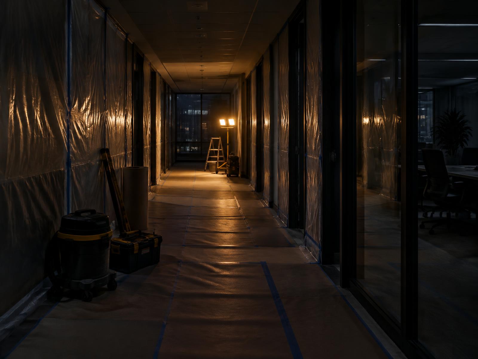 Protected office corridor at night with floor coverings, dust screens and a warm work light