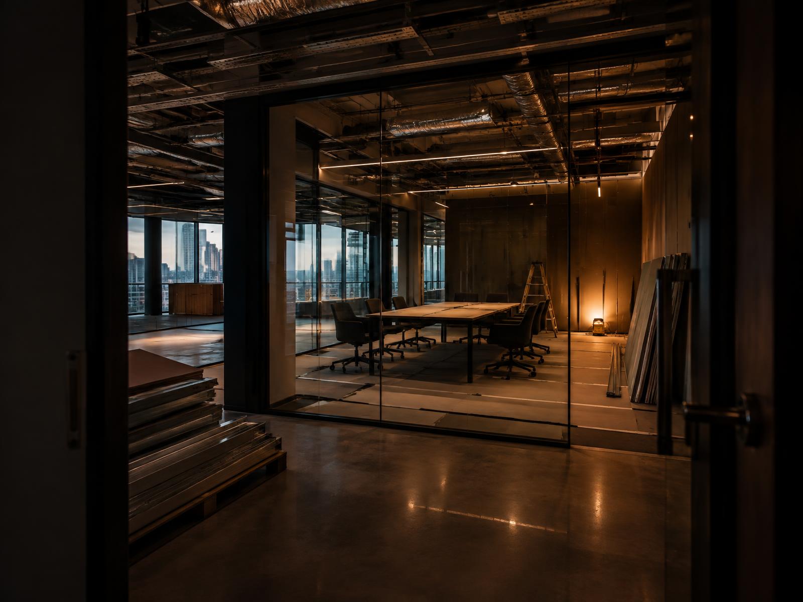 Office fit-out in progress with exposed ceiling services and glass partitions seen through a doorway