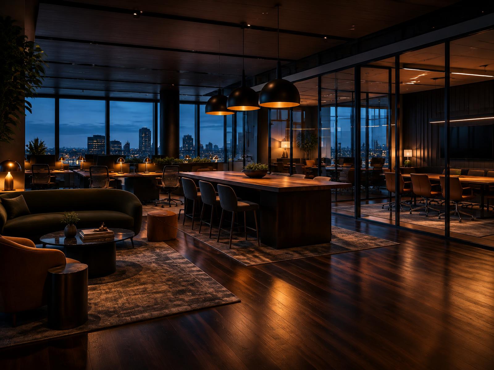 Generic prestigious office workplace with dark timber floors, pendant lighting and glass meeting rooms at dusk