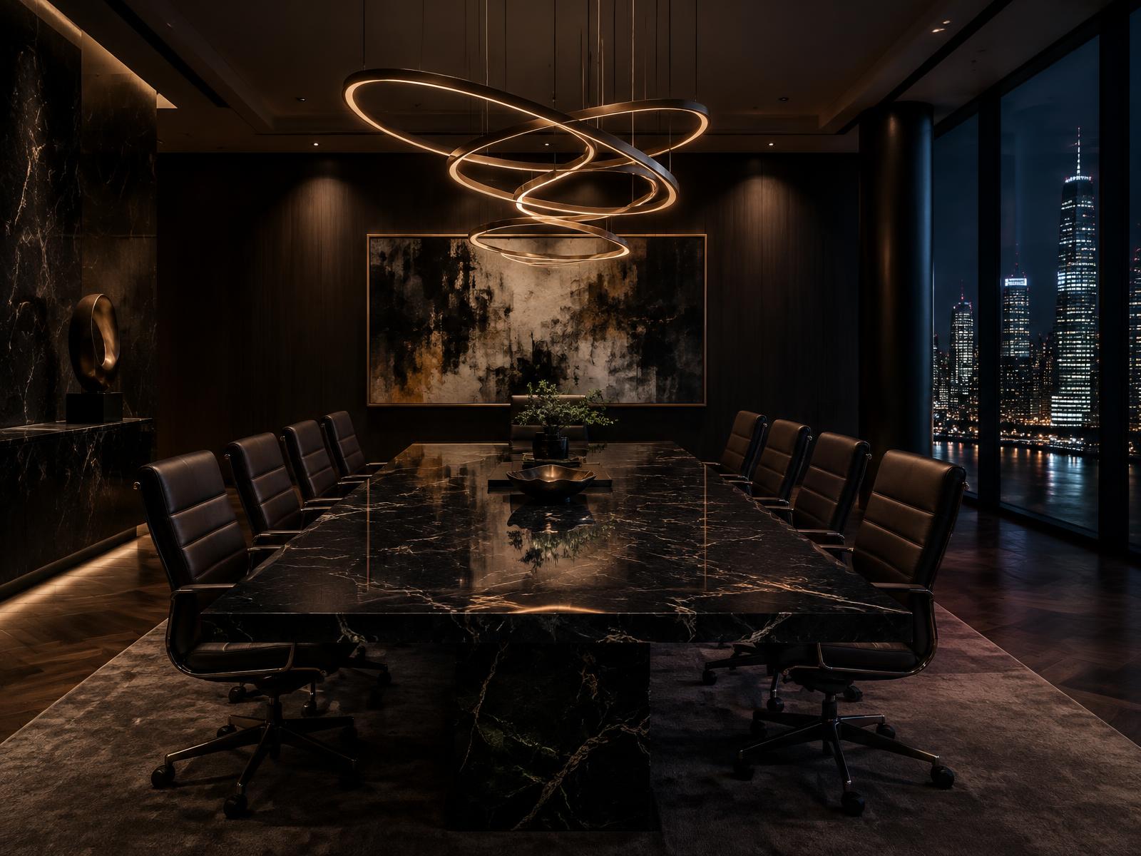 Refined boardroom with dark marble table, leather chairs and sculptural pendant lighting