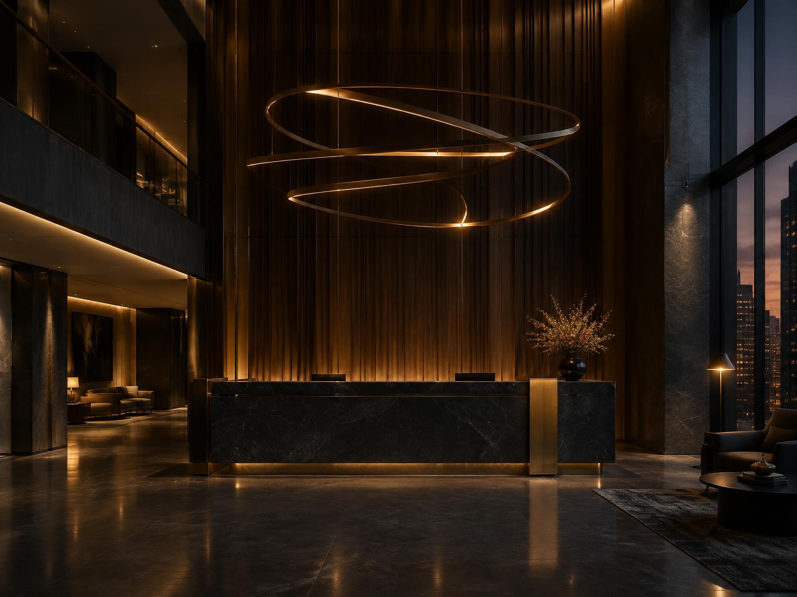 Generic double-height professional firm reception with dark stone desk, brass detailing and feature lighting