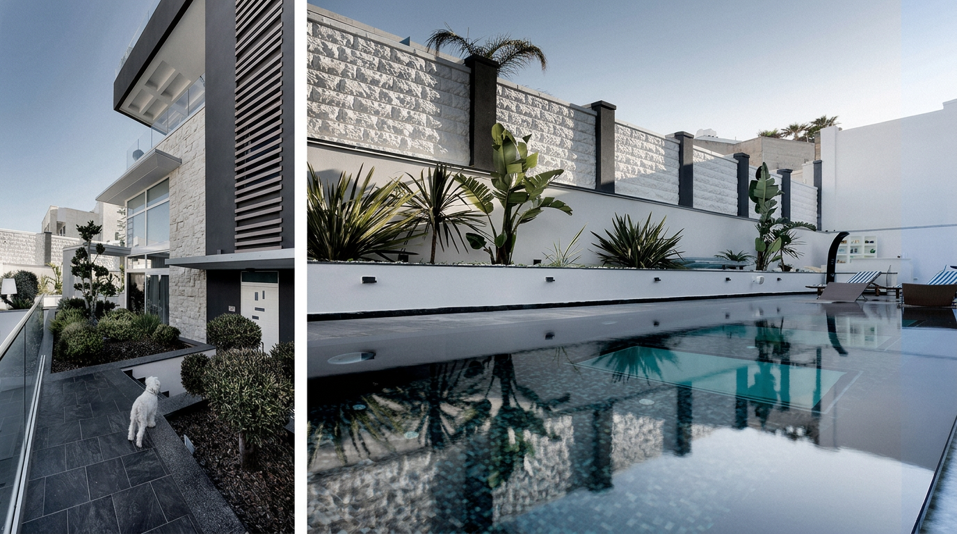 Modern white villa with pool and landscaped terrace in Malta
