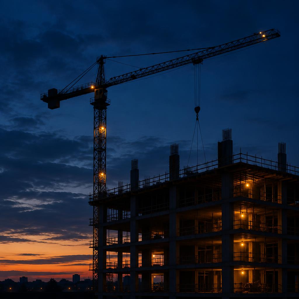 Tower crane and concrete frame construction site silhouette at deep blue dusk