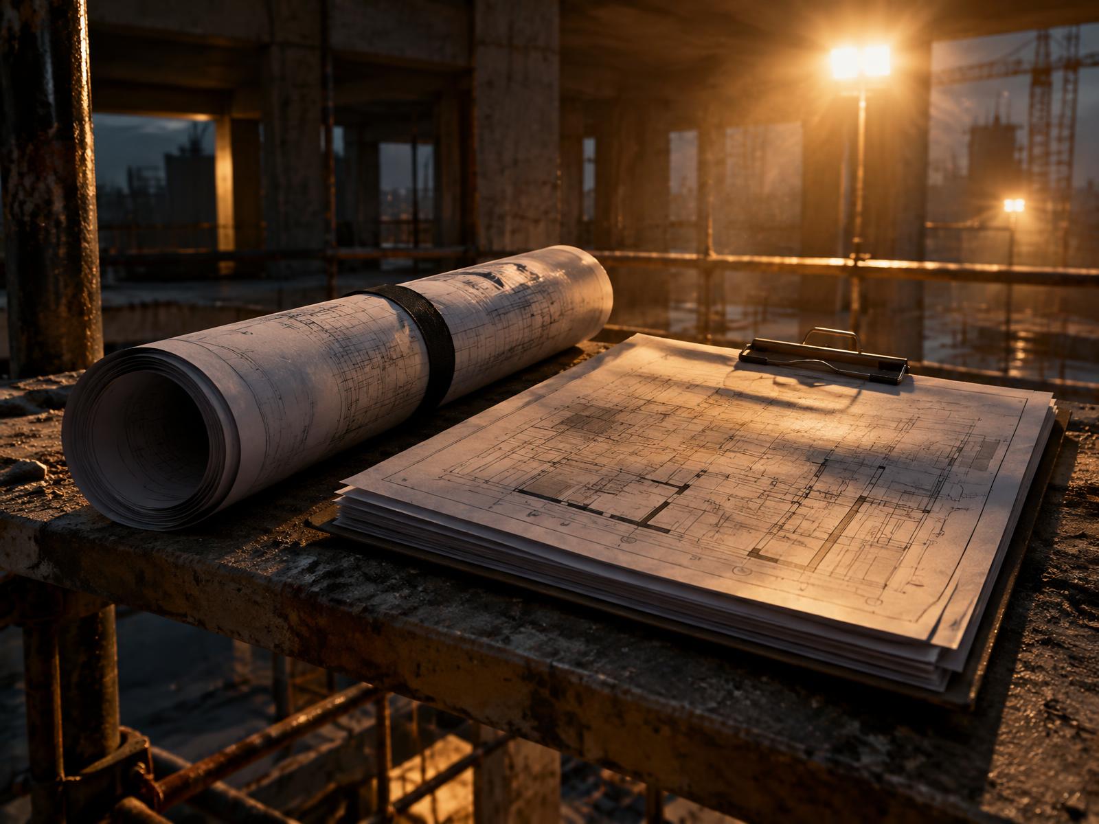 Rolled drawing set and clipped floor plans resting on a scaffold board shelf inside a concrete frame