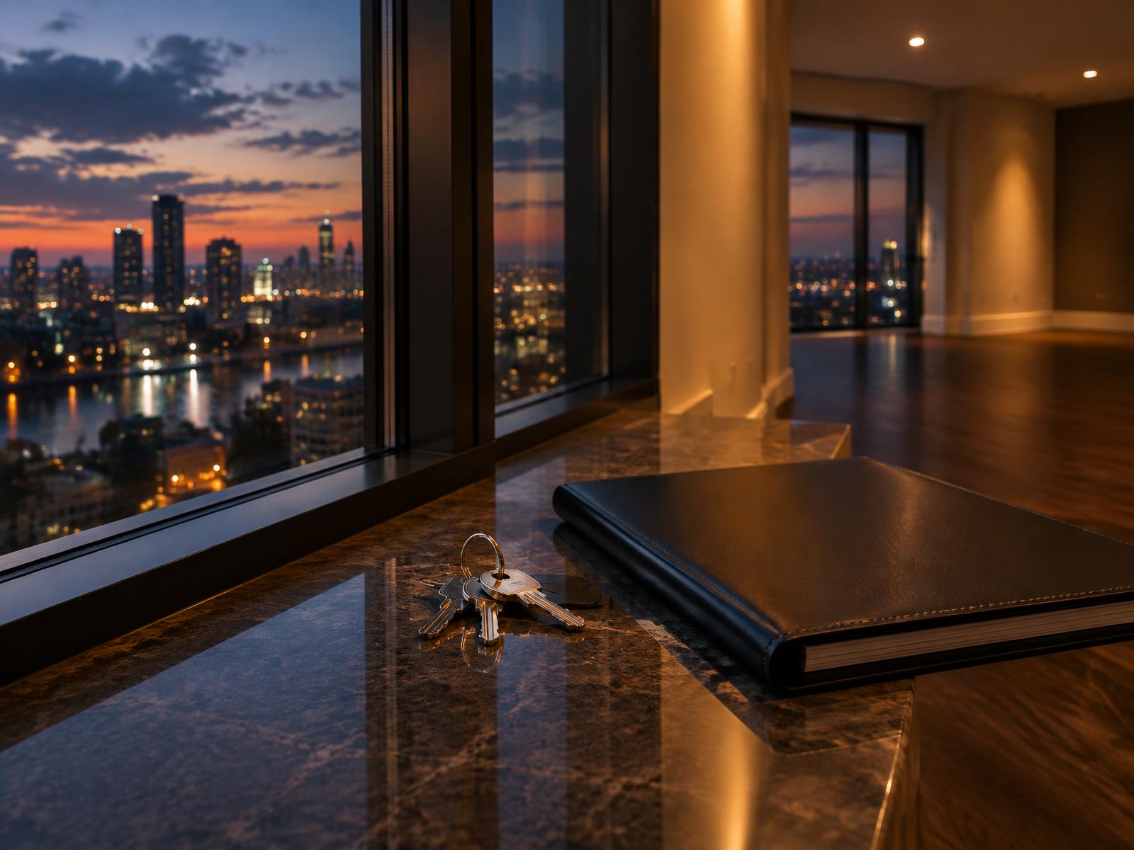 Generic set of keys and a completion folder on a polished stone windowsill of a finished apartment at dusk