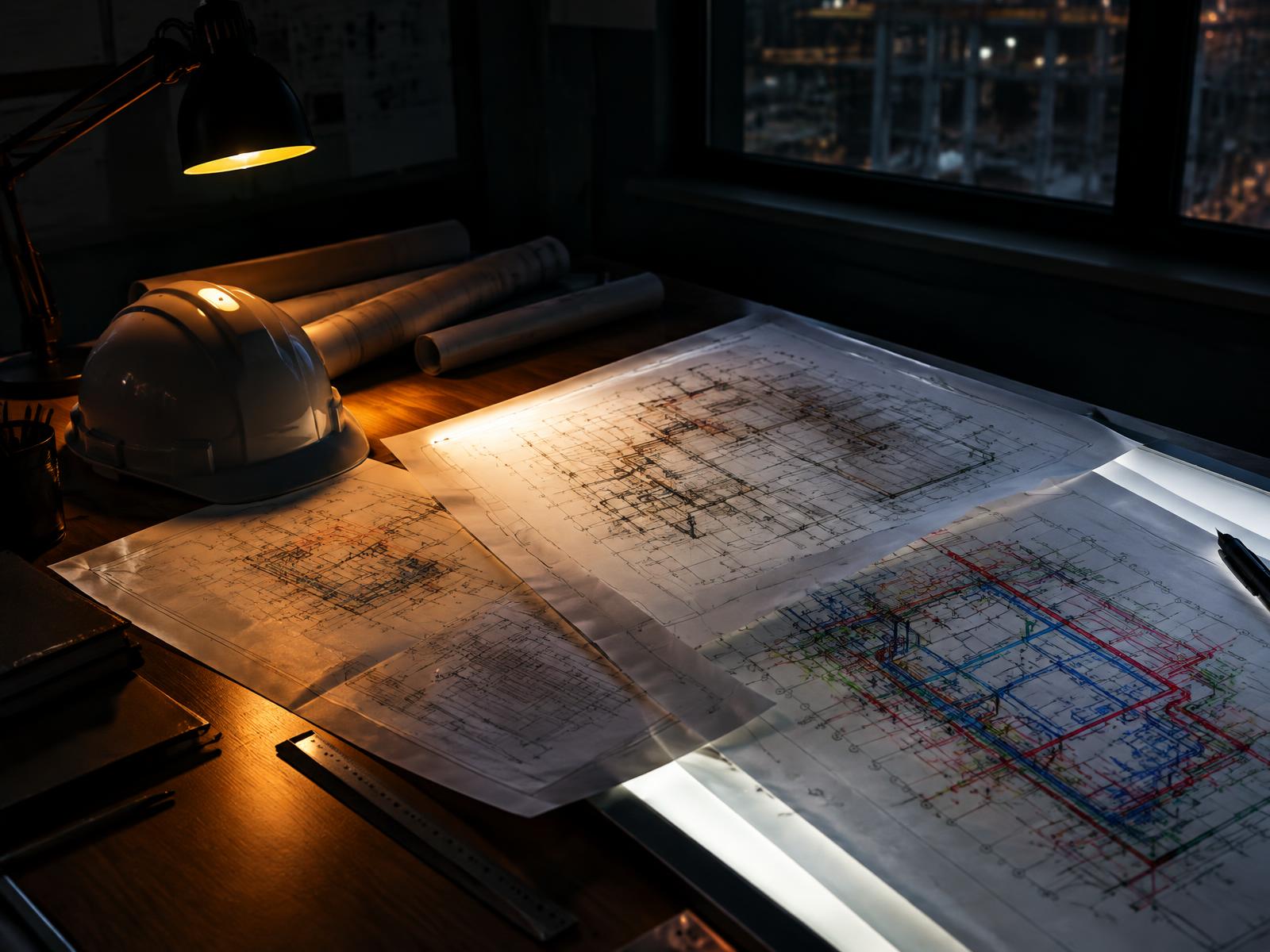 Structural and MEP drawing sets on a lightbox beside a hard hat in a contractor's site office