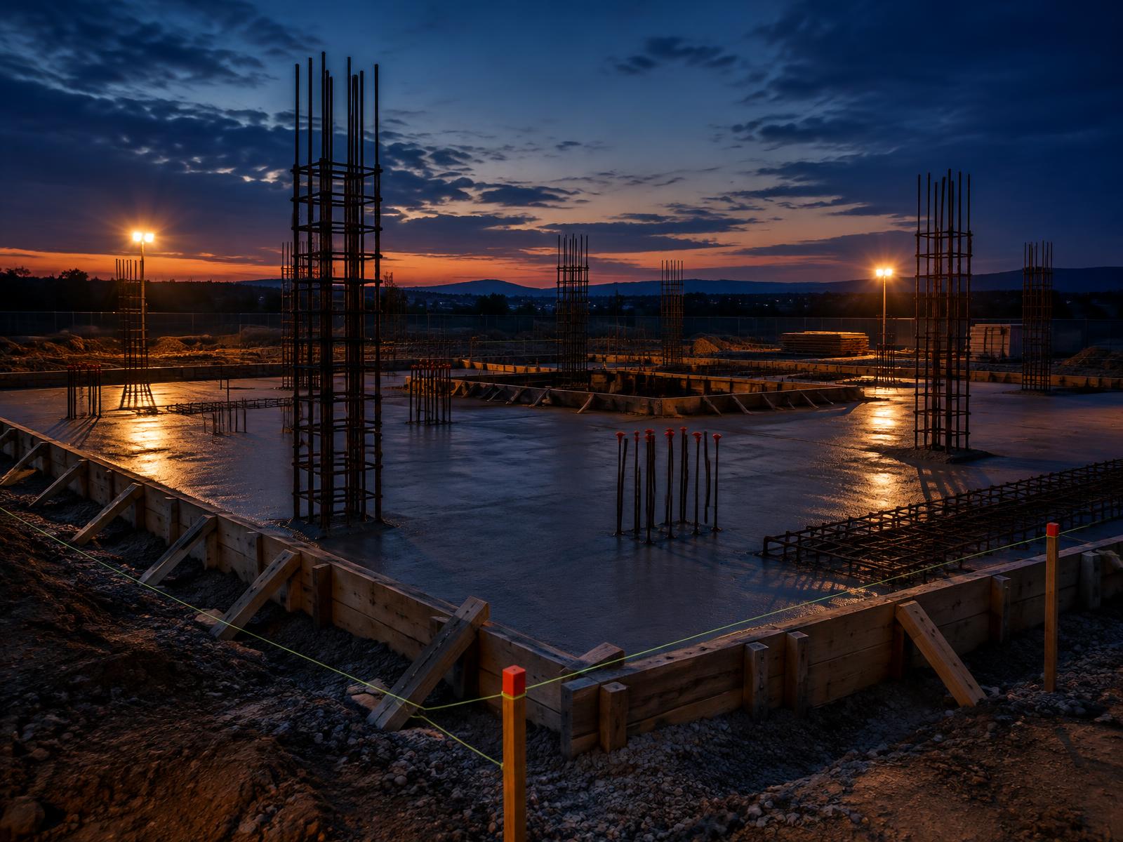 Generic ground floor slab with rebar cages and formwork under warm site lights at dusk