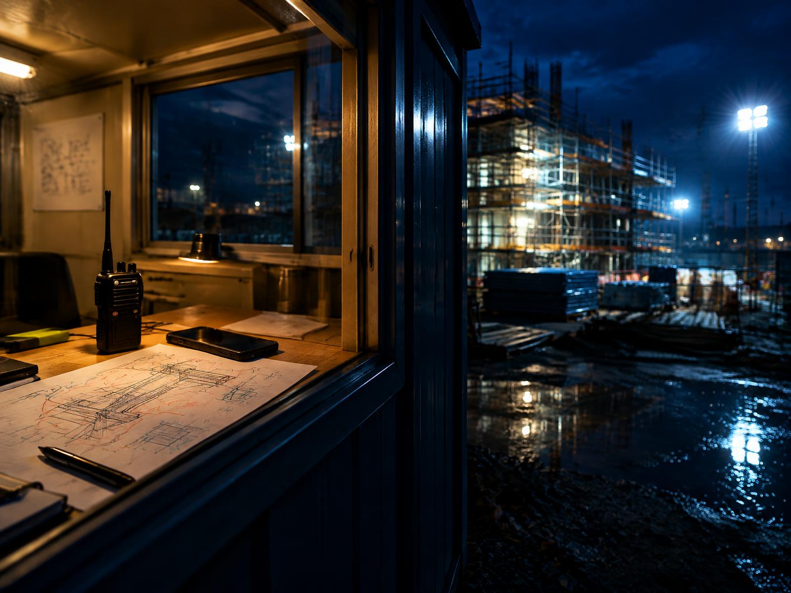 Glowing site cabin window at night with walkie-talkie, phone and marked-up detail sketch on the desk