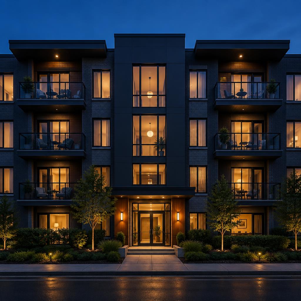 Well-maintained managed apartment building facade with glowing windows at dusk