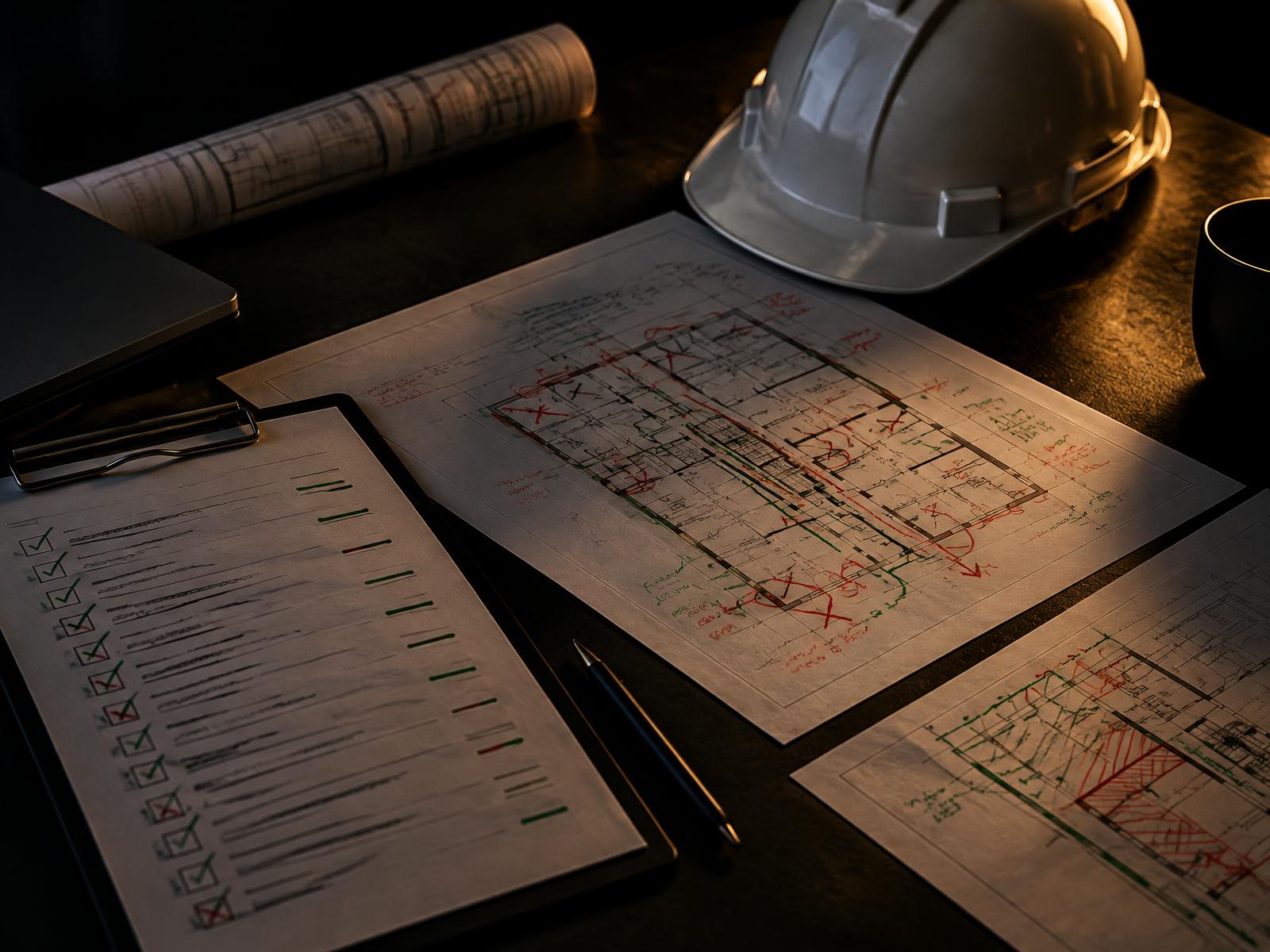 Compliance checklists, annotated floor plans and a hard hat on a dark table