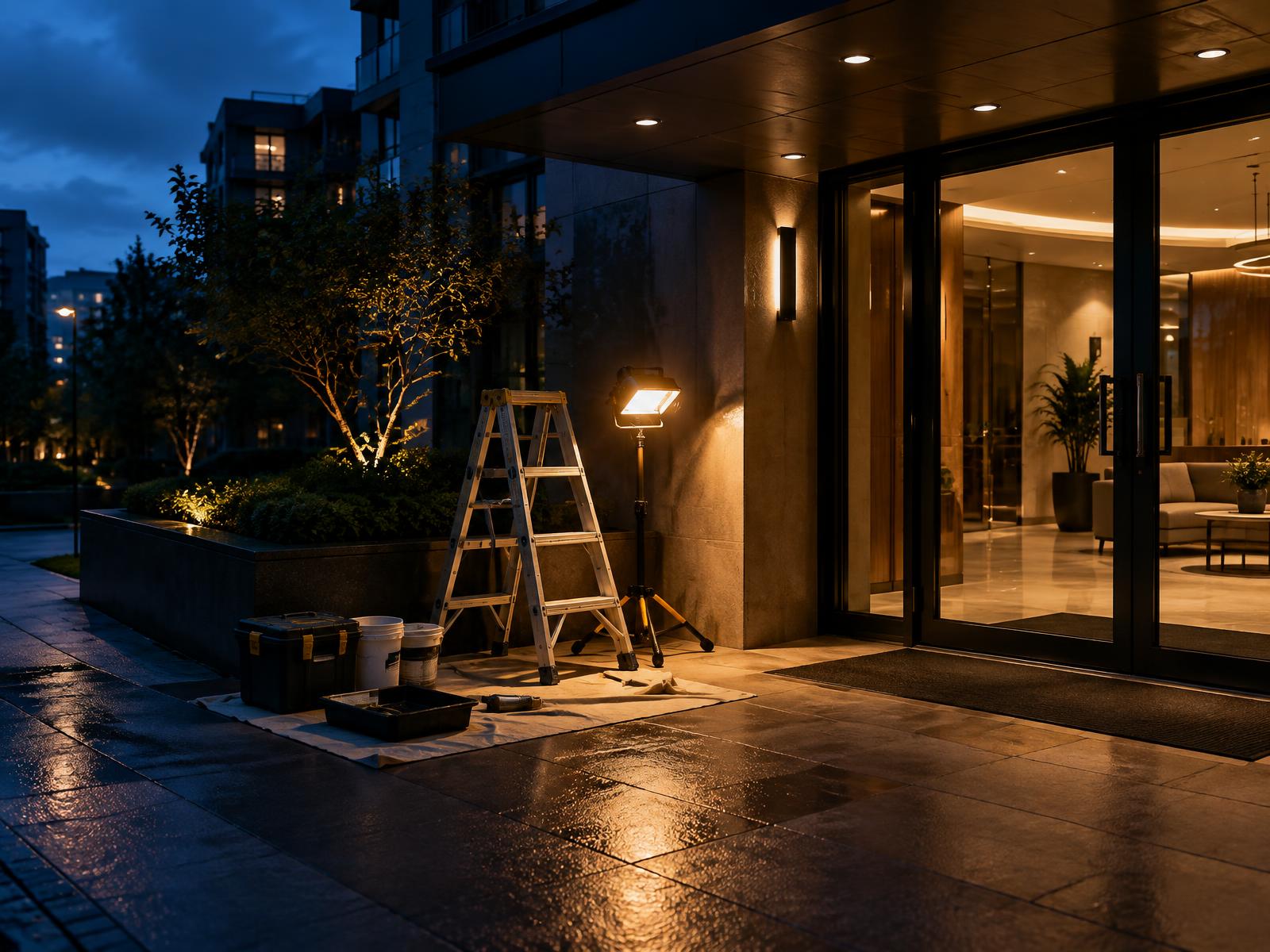 Tidy maintenance works outside a managed building entrance at dusk with a lit lobby behind glass