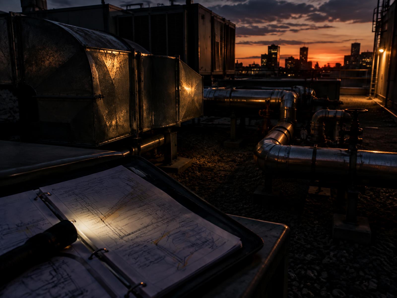 Generic rooftop plant inspection with ductwork, pipework and an open maintenance folder at dusk
