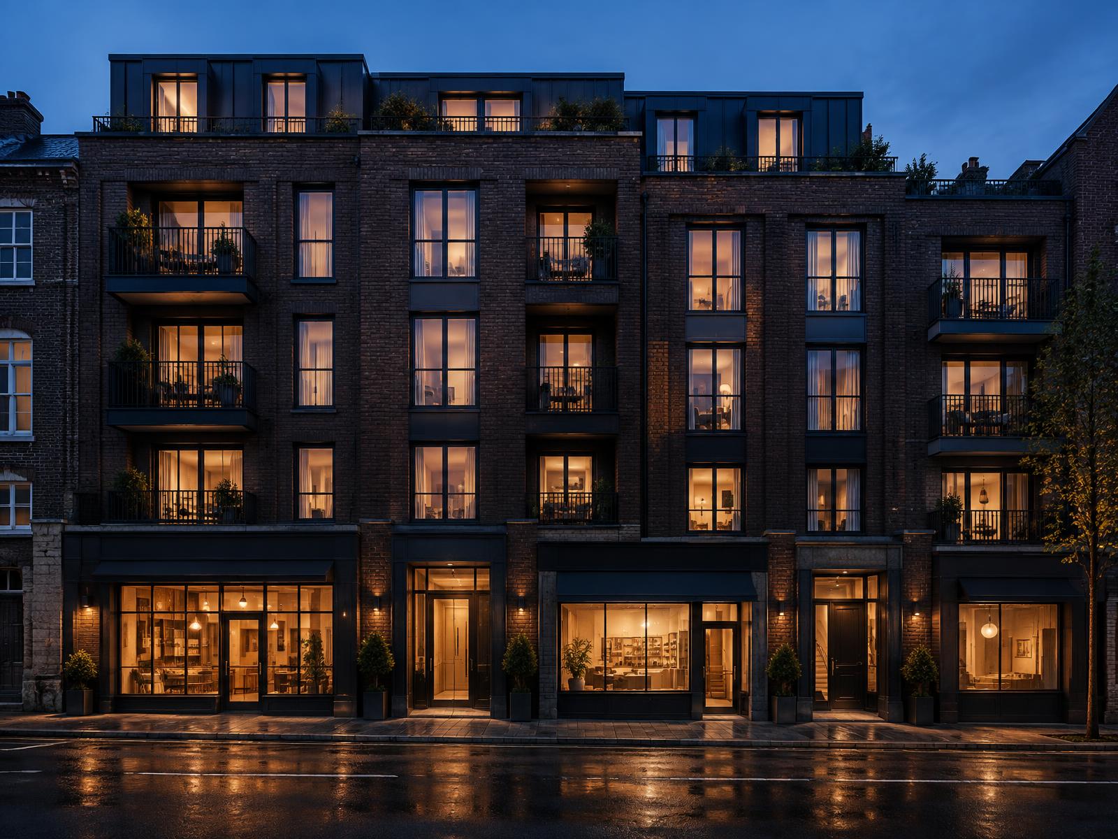 Generic multi-occupancy London building with commercial ground floor and residential upper floors at blue hour