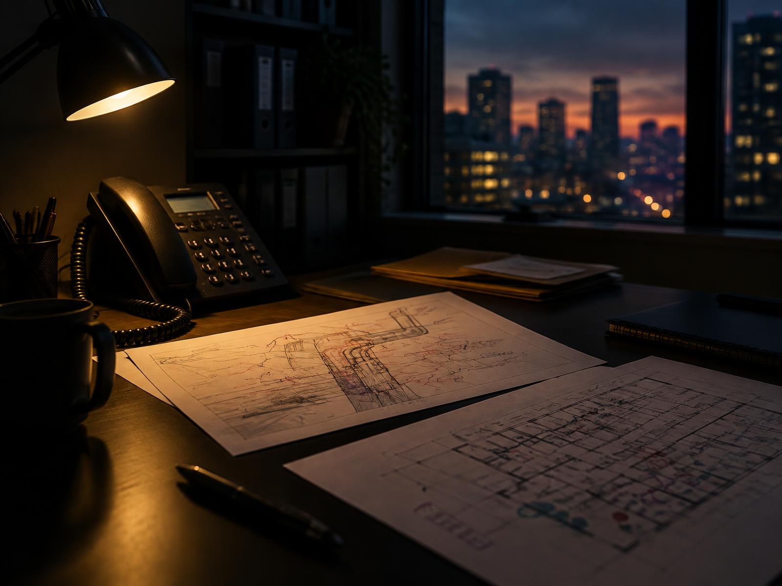 Office phone, marked-up repair drawing and building plan on a dark desk under a task lamp at dusk