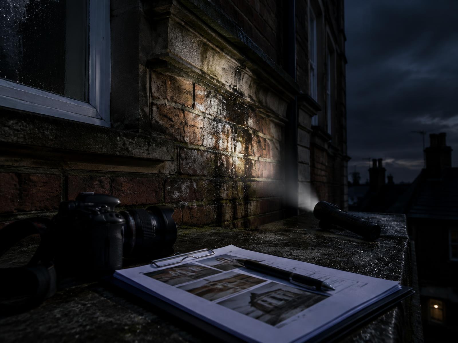 Torch beam examining weathered brickwork with a camera and inspection folder on a ledge at night
