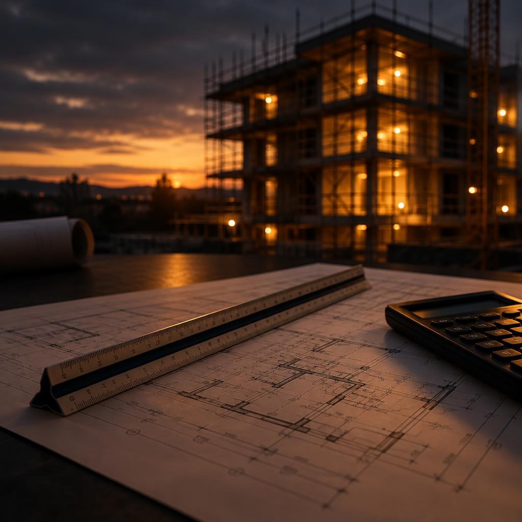 Scale rule across dimensioned building drawings with a glowing construction site behind