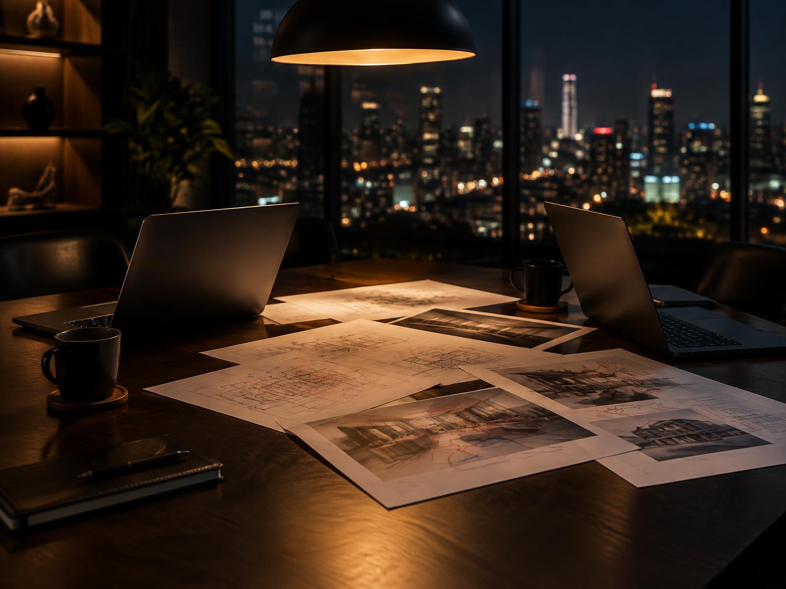 Design review table with laptops, marked-up drawings and coffee under warm pendant light at night
